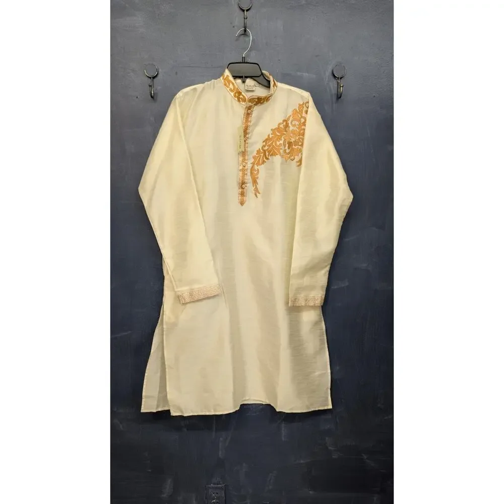 Skaviji Men's Cream Embroidered Kurta Tunic Size Large Authentic Ethnic Wear NWT
